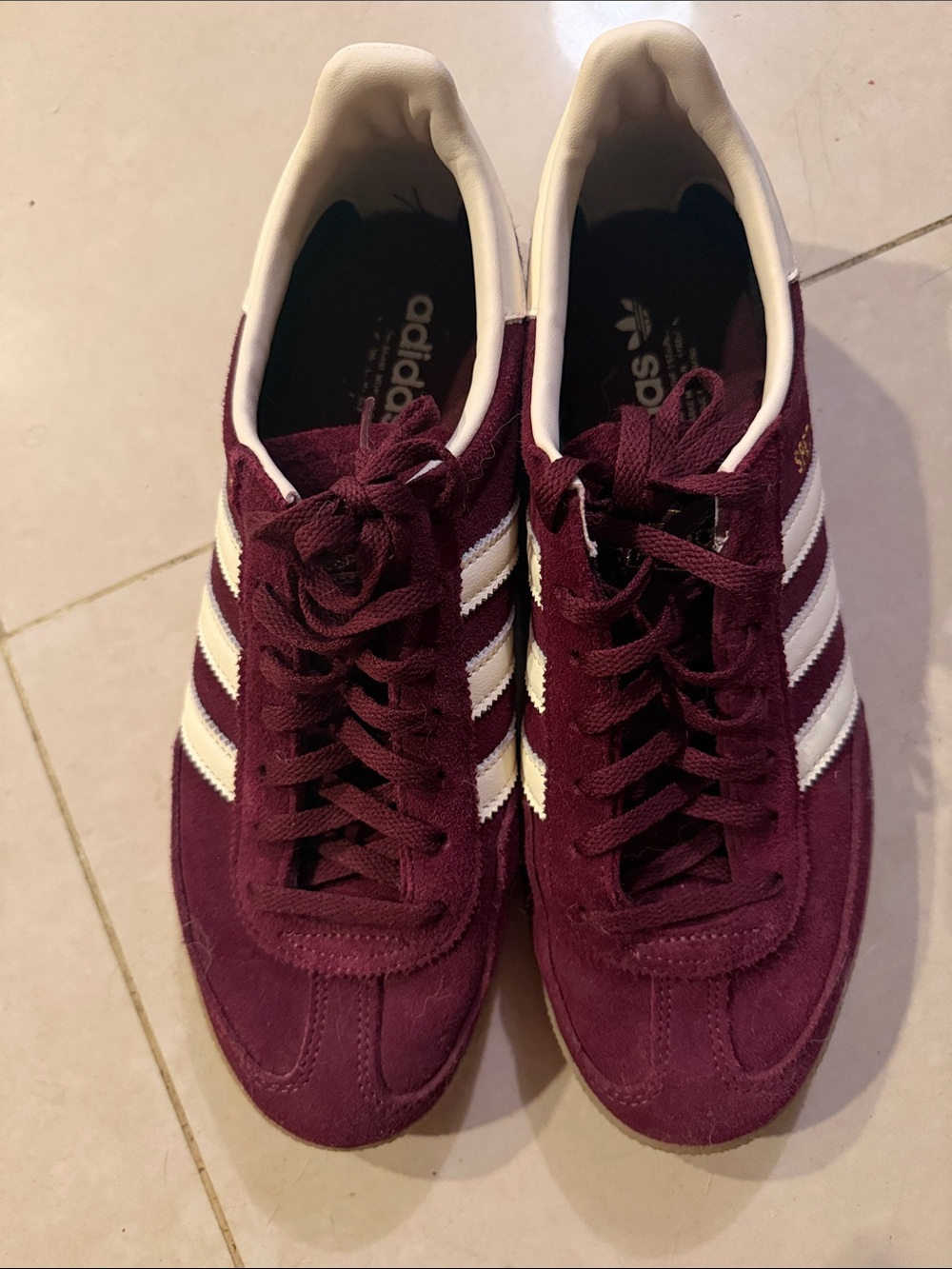 adidas Women's Burgundy Suede Sneakers with White Three Stripes - worn x1